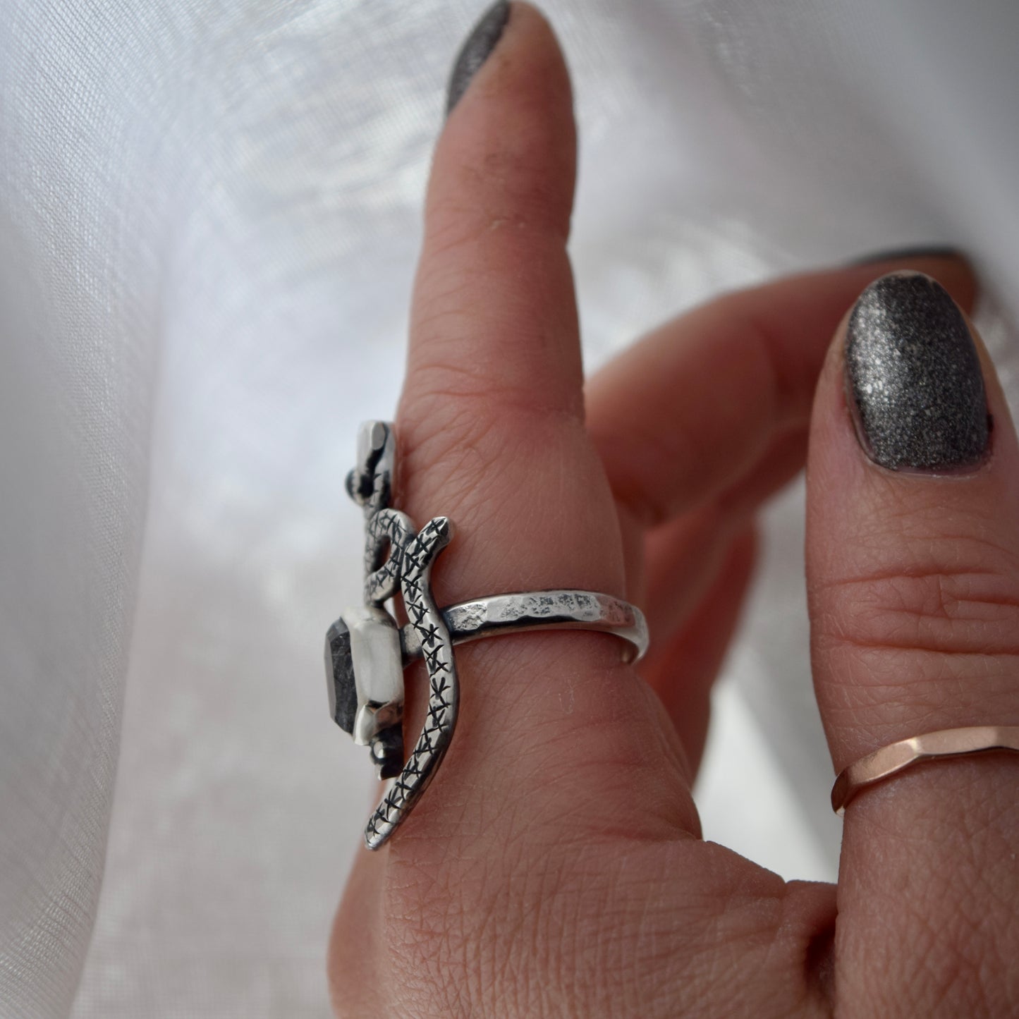 Serpent Ring with Rutilated Quartz and Rainbow Moonstone Size 9