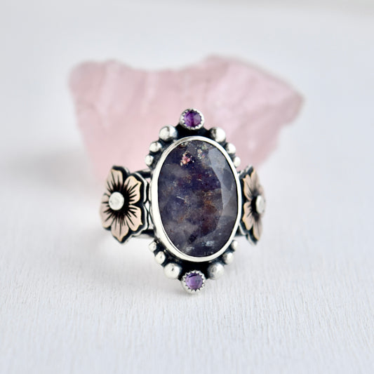 Gothic Garden Statement Ring with Iolite, Amethyst, and Rose Gold Fill size 8.5