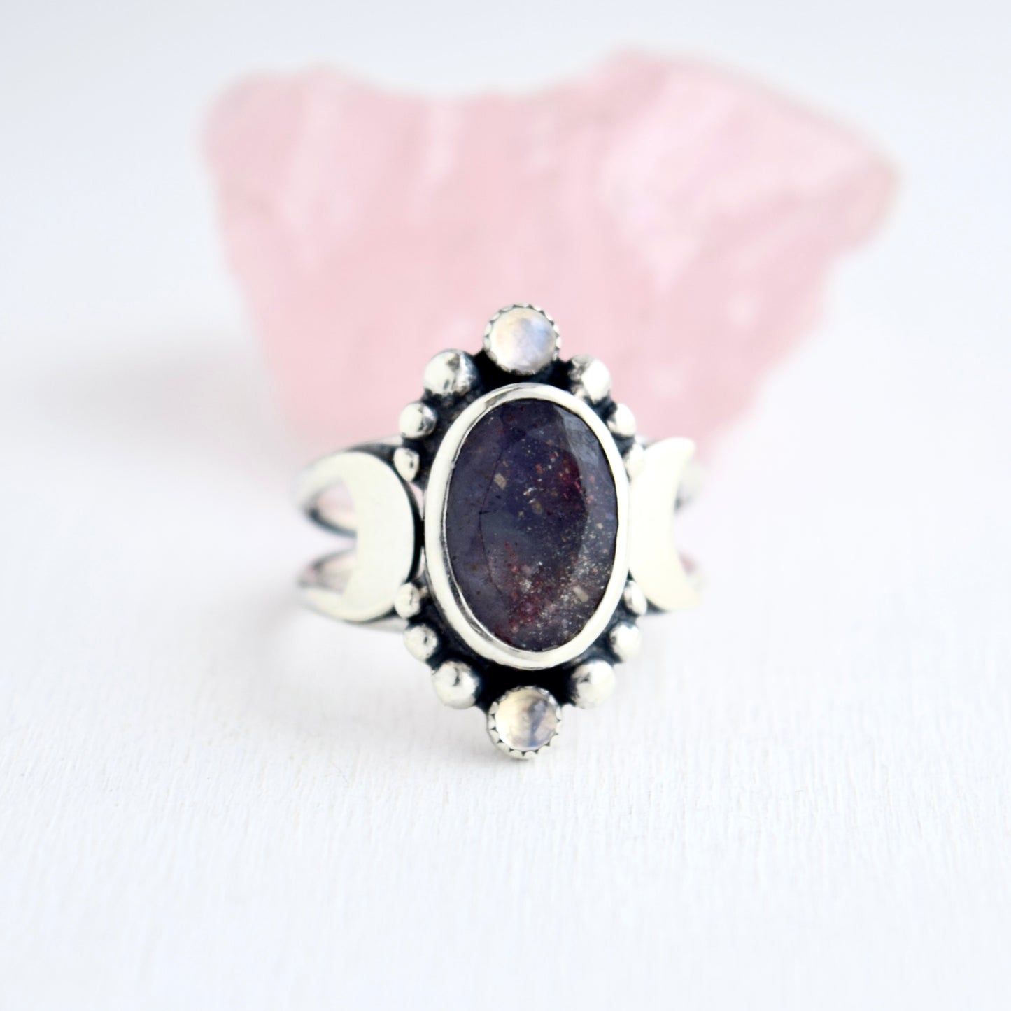 Gothic Garden Statement Ring with Iolite and Rainbow Moonstone size 6.5