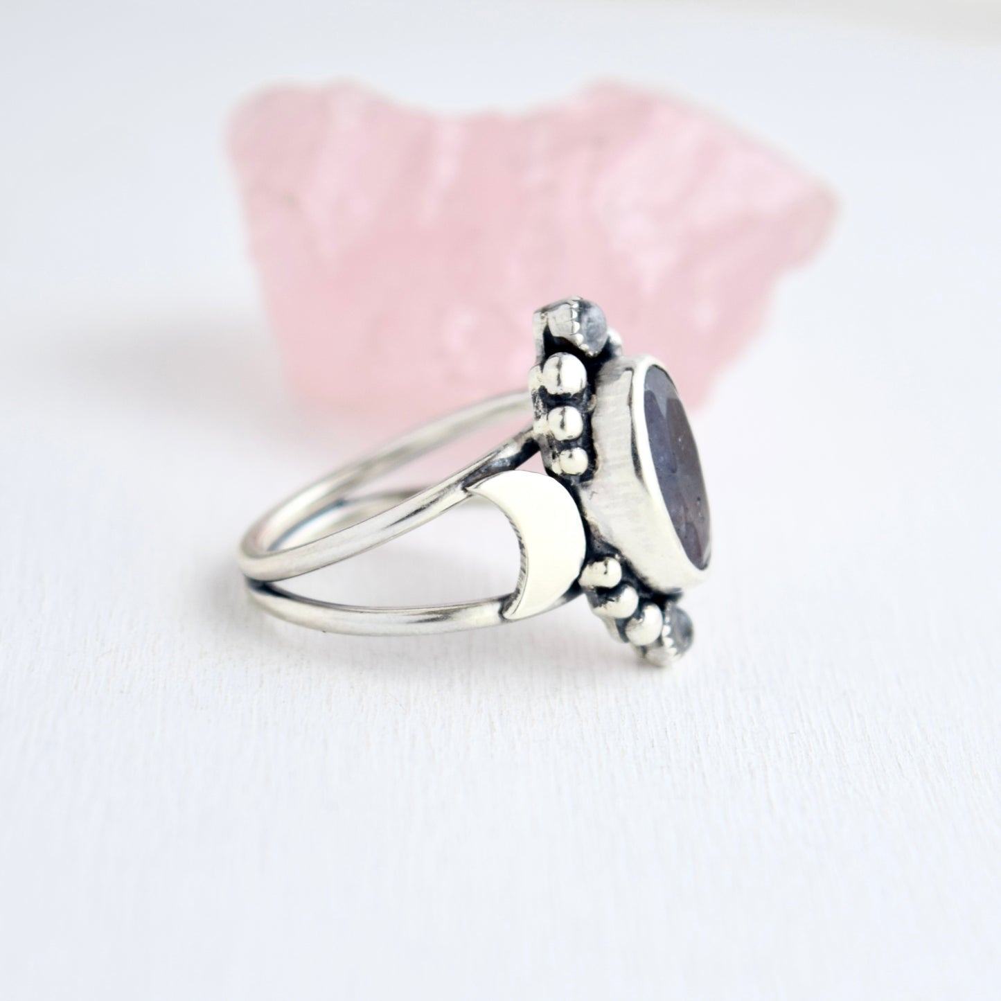Gothic Garden Statement Ring with Iolite and Rainbow Moonstone size 6.5