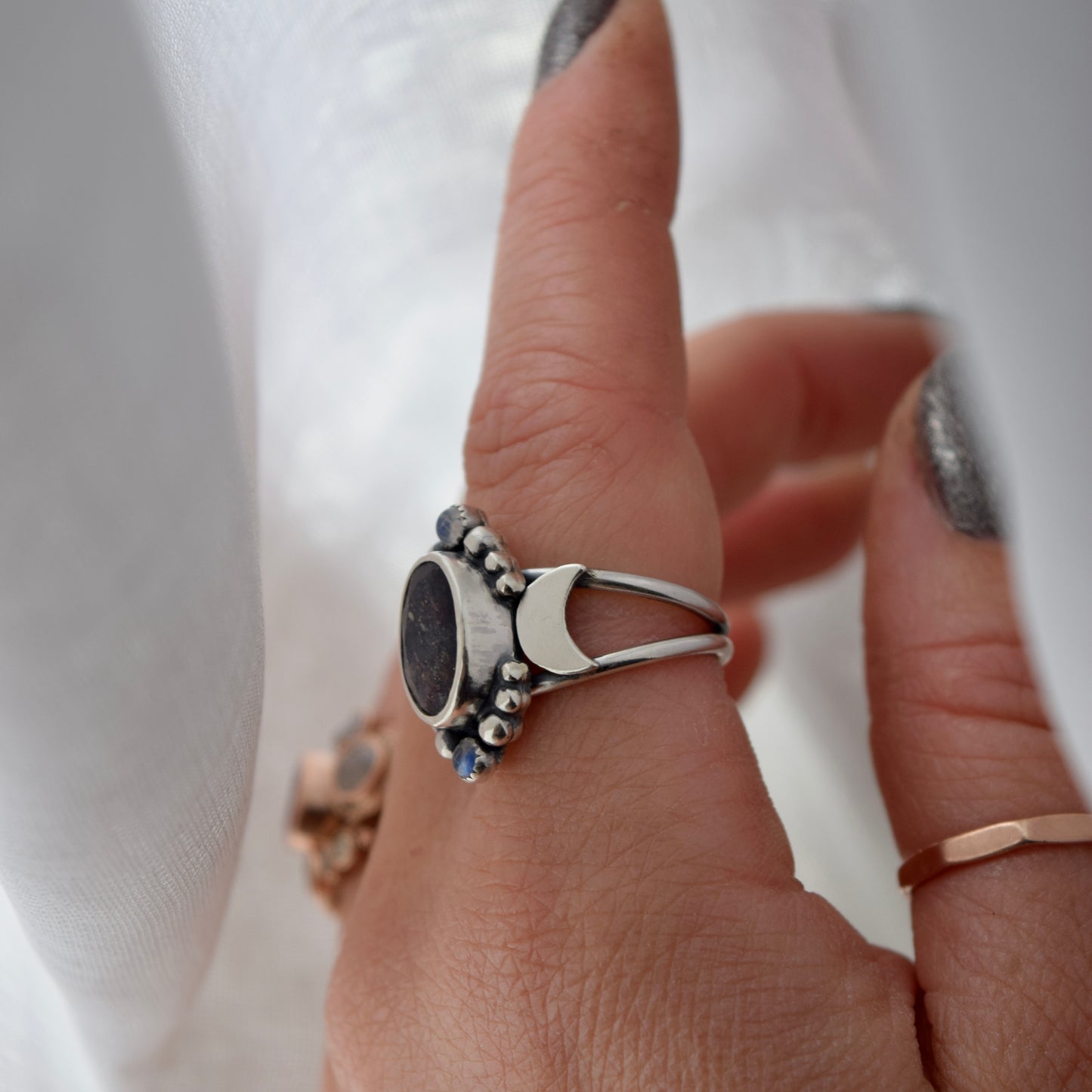 Gothic Garden Statement Ring with Iolite and Rainbow Moonstone size 6.5