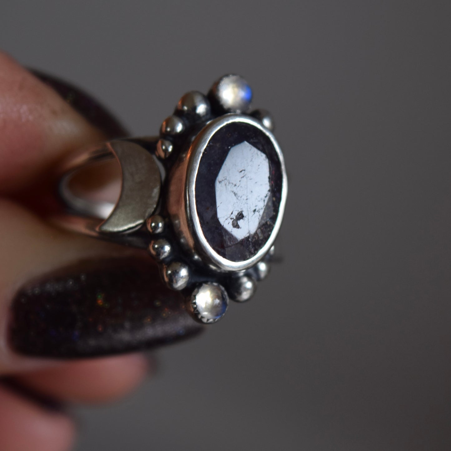 Gothic Garden Statement Ring with Iolite and Rainbow Moonstone size 6.5
