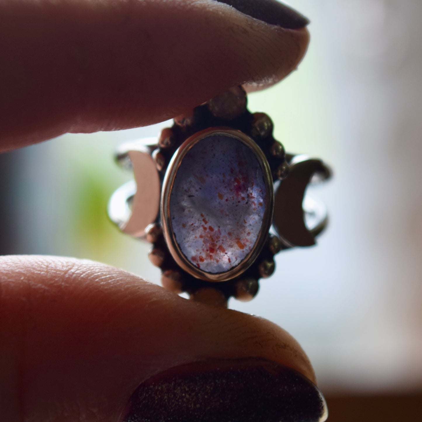 Gothic Garden Statement Ring with Iolite and Rainbow Moonstone size 6.5