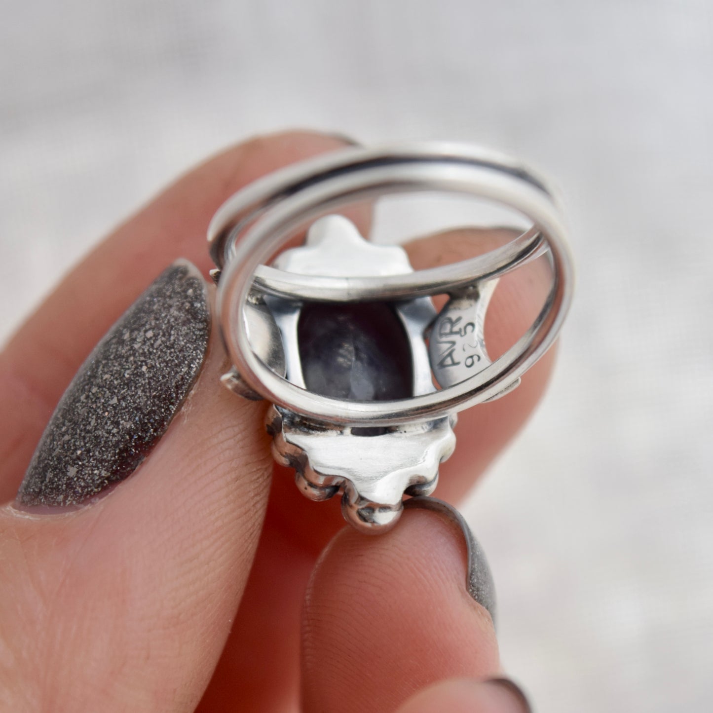Gothic Garden Statement Ring with Iolite and Rainbow Moonstone size 6.5