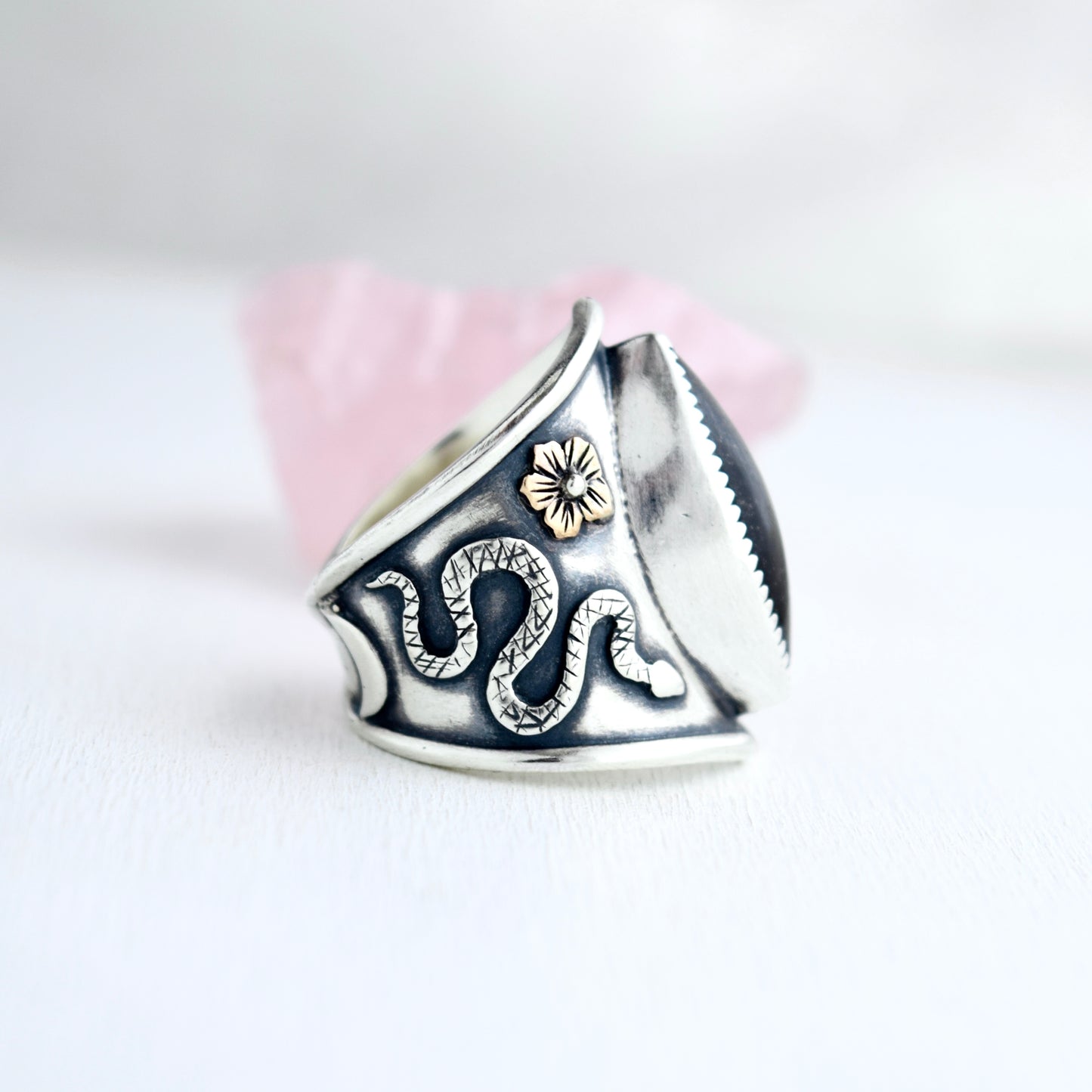 Flora and Serpent Shield Ring with Obsidian and Rose Gold Fill Size 7