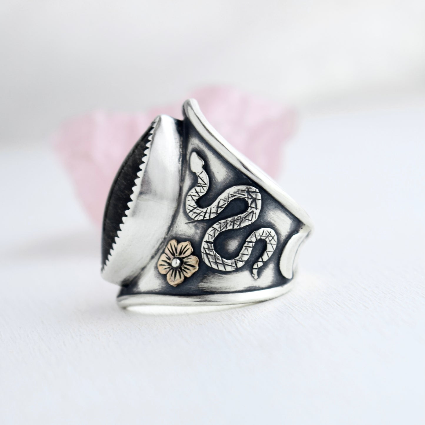 Flora and Serpent Shield Ring with Obsidian and Rose Gold Fill Size 7