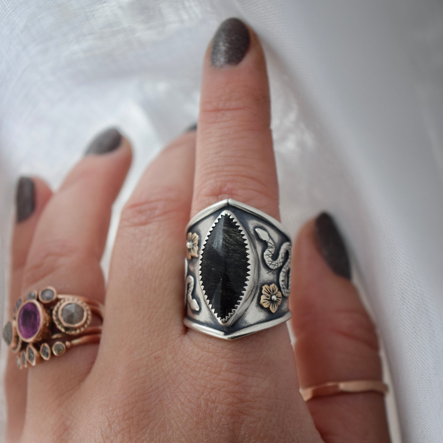 Flora and Serpent Shield Ring with Obsidian and Rose Gold Fill Size 7