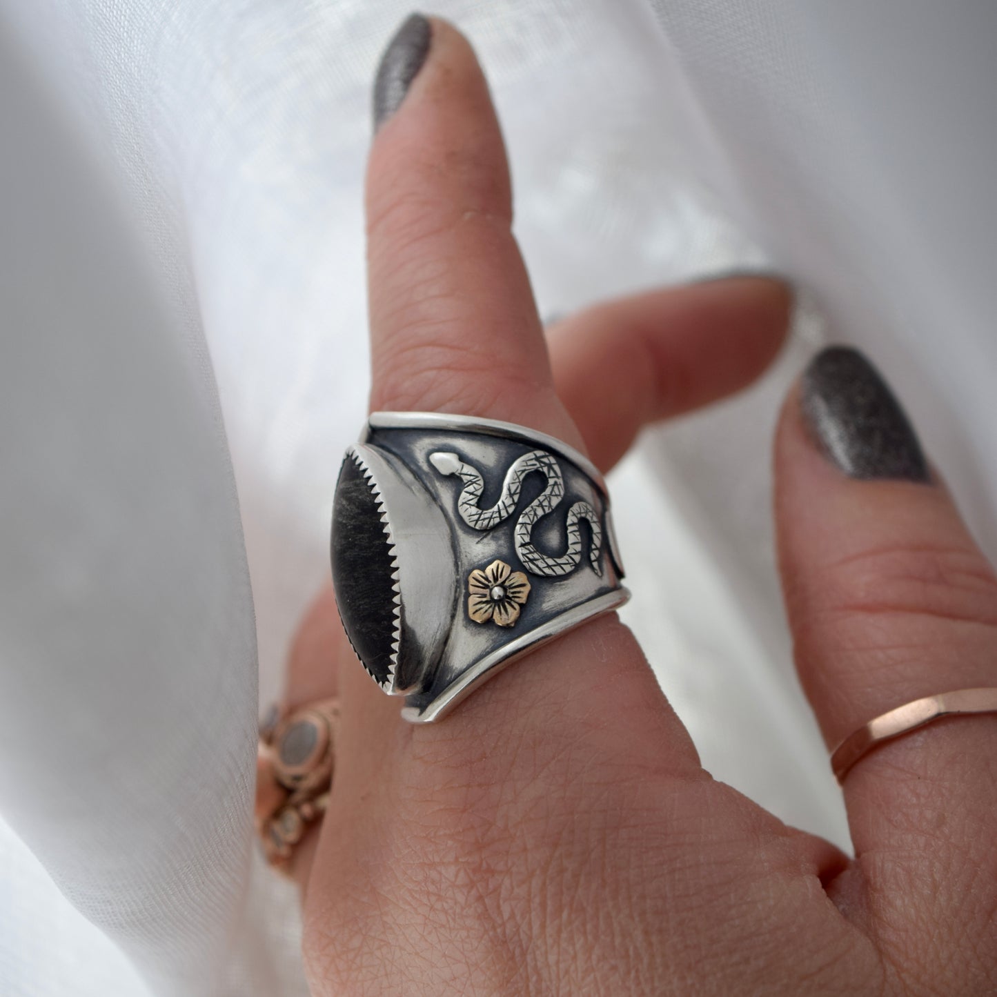 Flora and Serpent Shield Ring with Obsidian and Rose Gold Fill Size 7