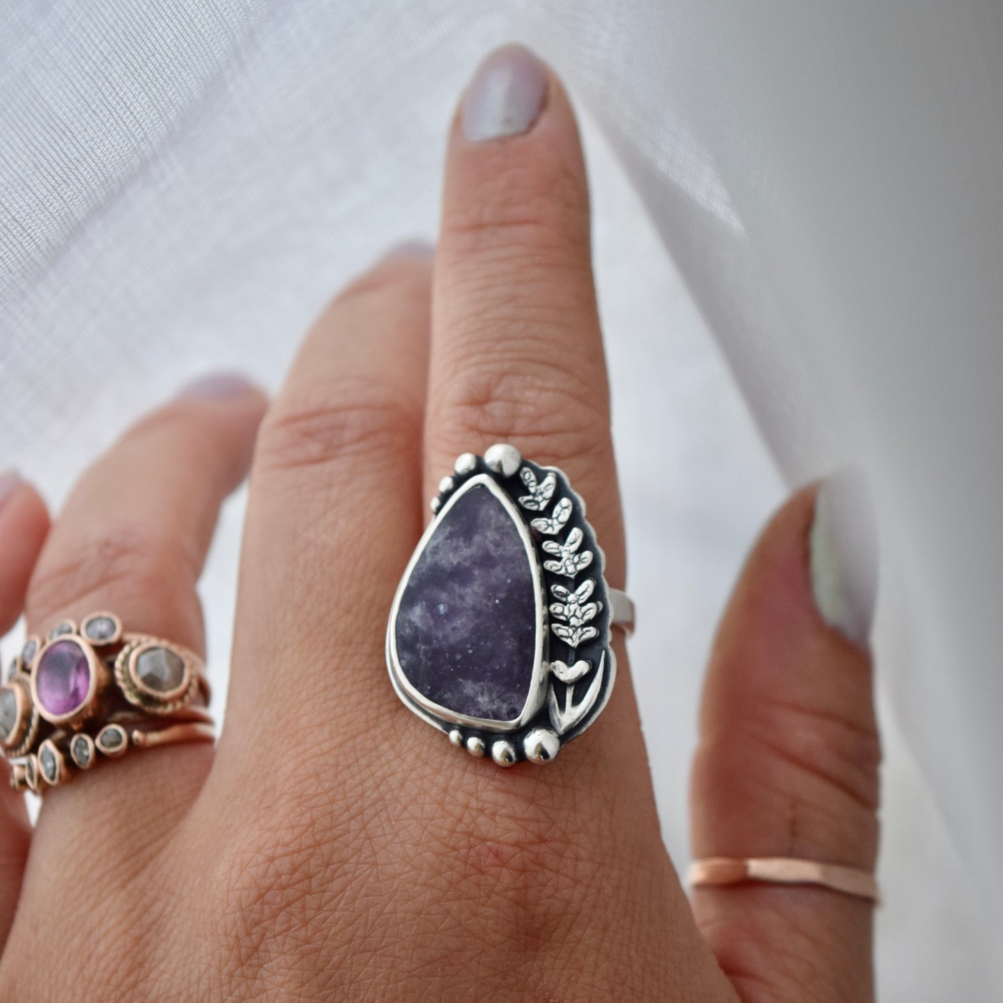 Midnight Lavender Ring with Lepidolite Size 7