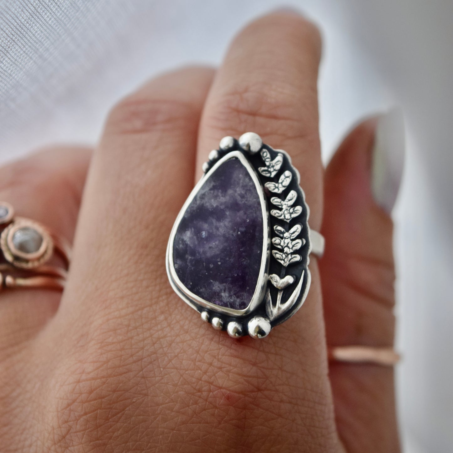 Midnight Lavender Ring with Lepidolite Size 7