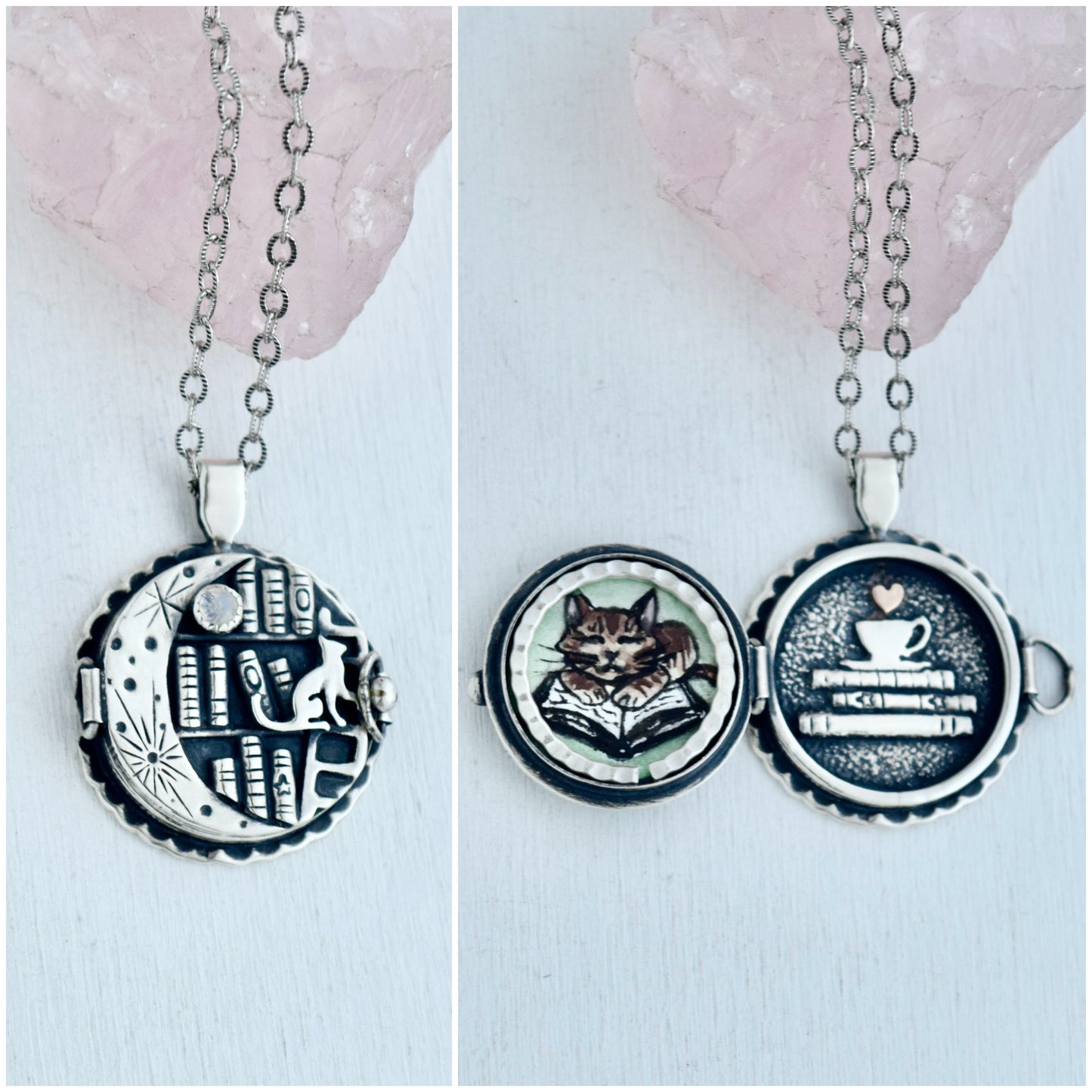 Lunar Library Locket with Rainbow Moonstone and 14k Solid Rose Gold