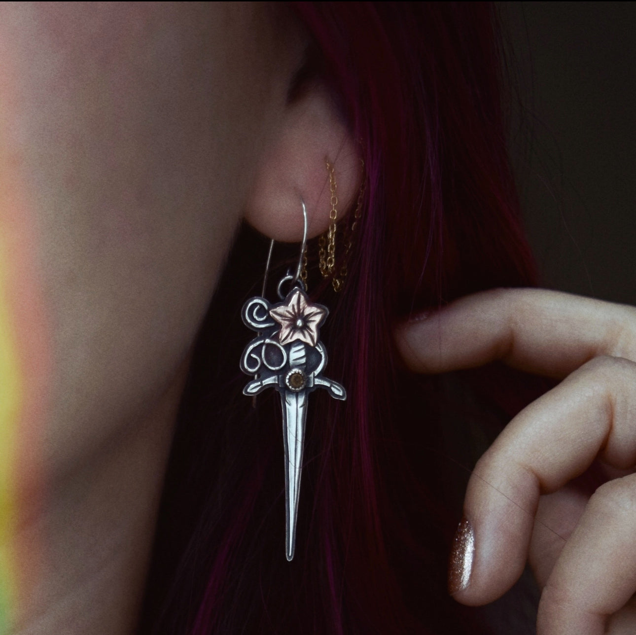 Pumpkin Blossom Sword Earrings with Smokey Quartz