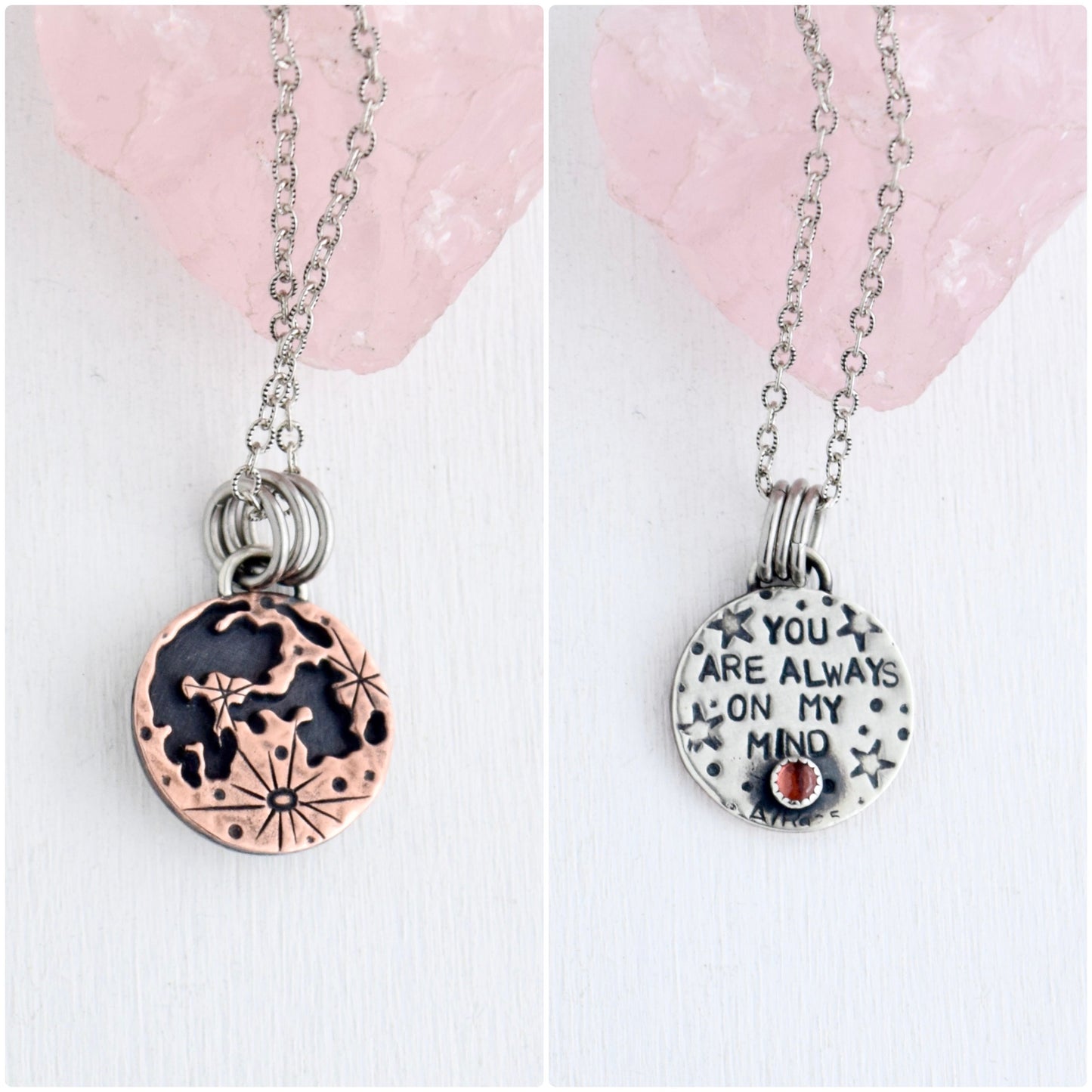 Double Sided Copper Blood on the Moon Pendant with Garnet