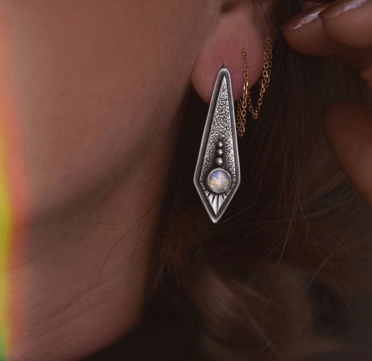 The Fallen Star Earrings with Rainbow Moonstone