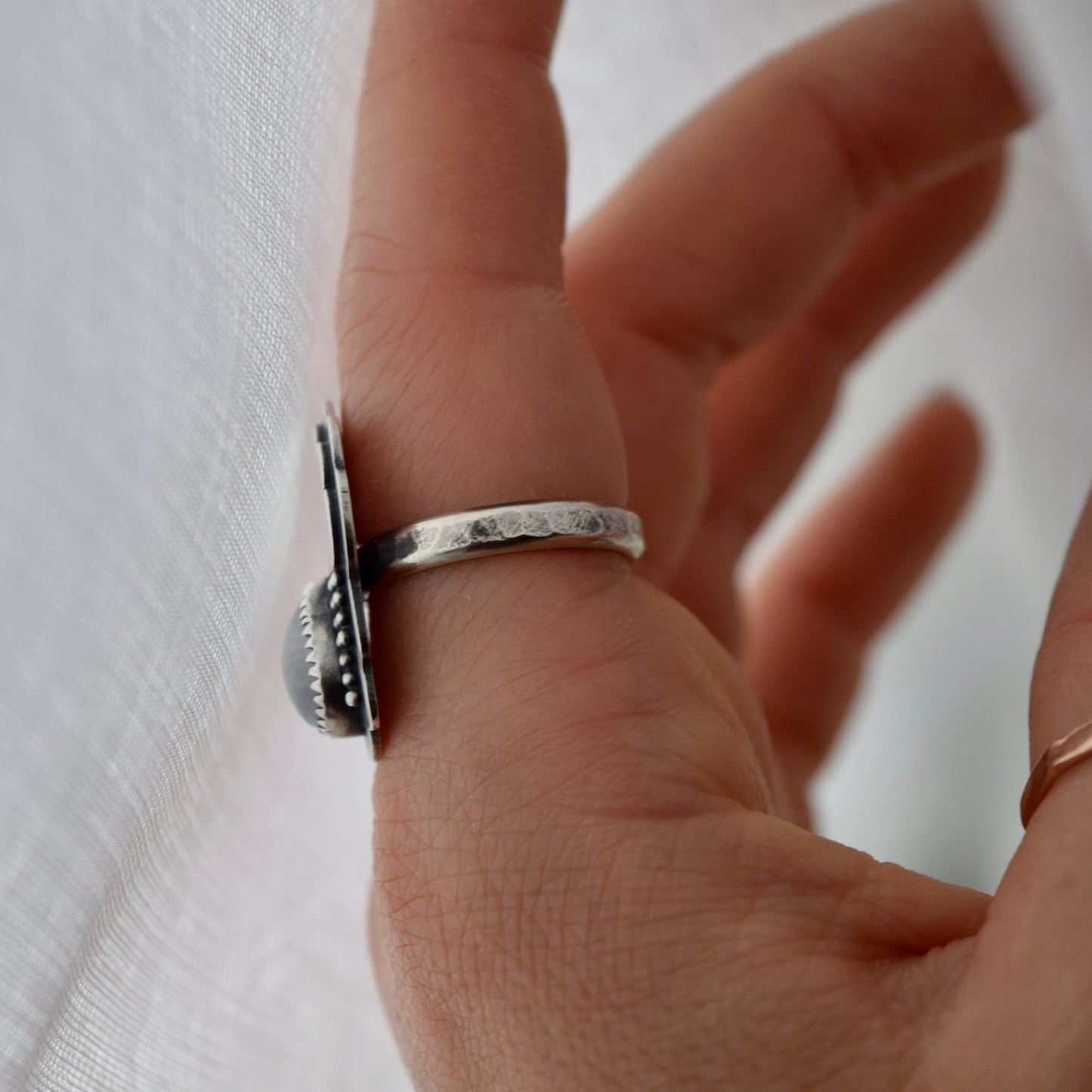 Little Dark Cloud Ring with Rainbow Moonstone size 7