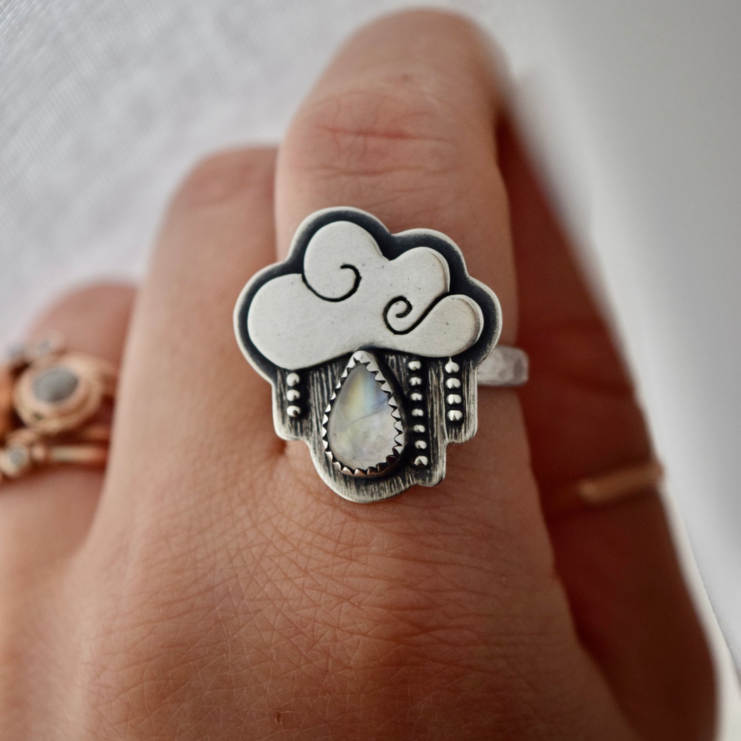 Little Dark Cloud Ring with Rainbow Moonstone size 8