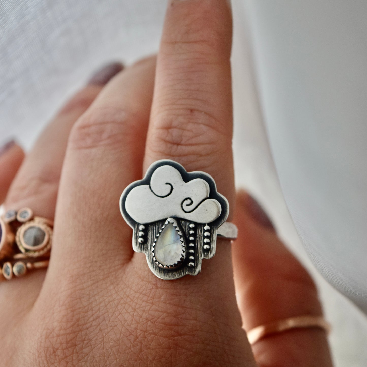 Little Dark Cloud Ring with Rainbow Moonstone size 8