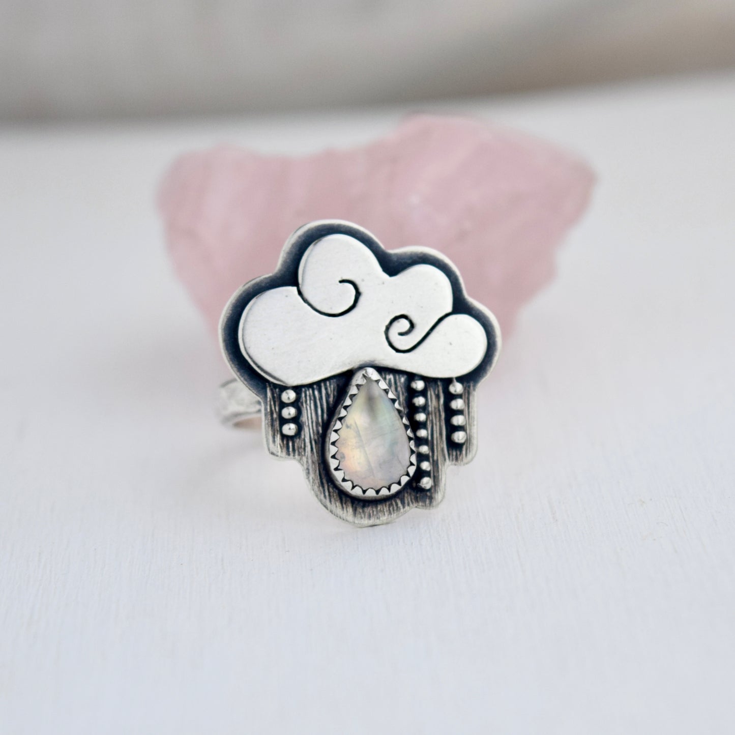 Little Dark Cloud Ring with Rainbow Moonstone size 8