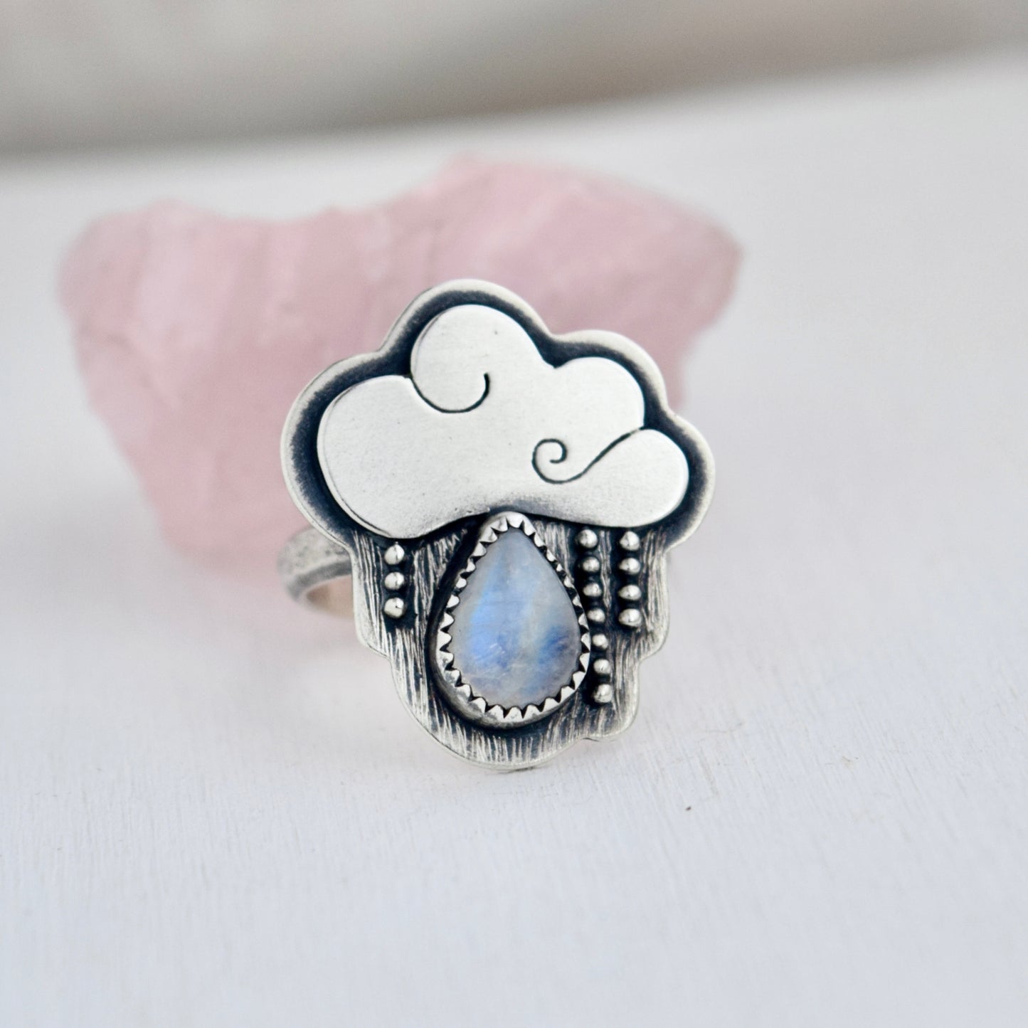 Little Dark Cloud Ring with Rainbow Moonstone size 7