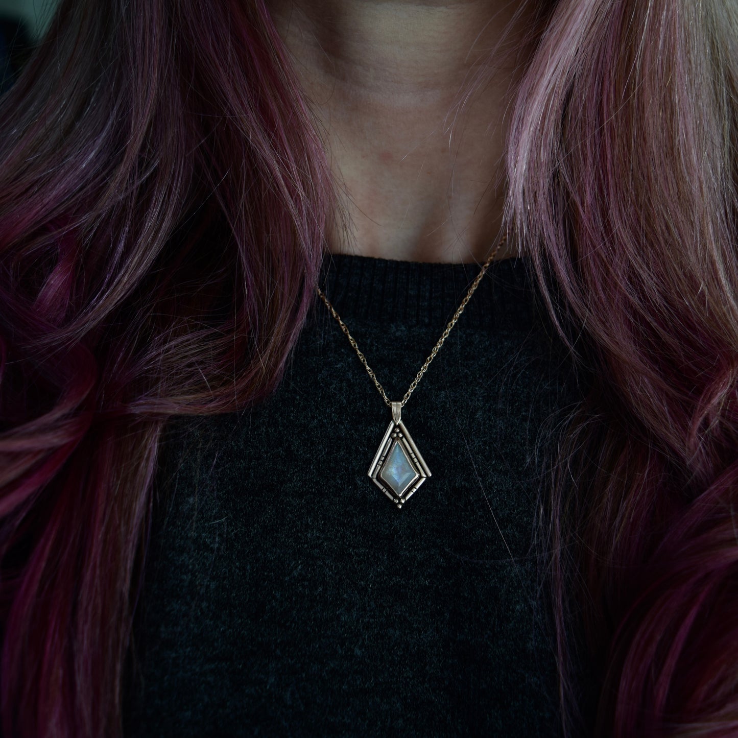 North Star Necklace with 14k Solid Rose Gold, Rose Gold Fill Chain, and Rainbow Moonstone