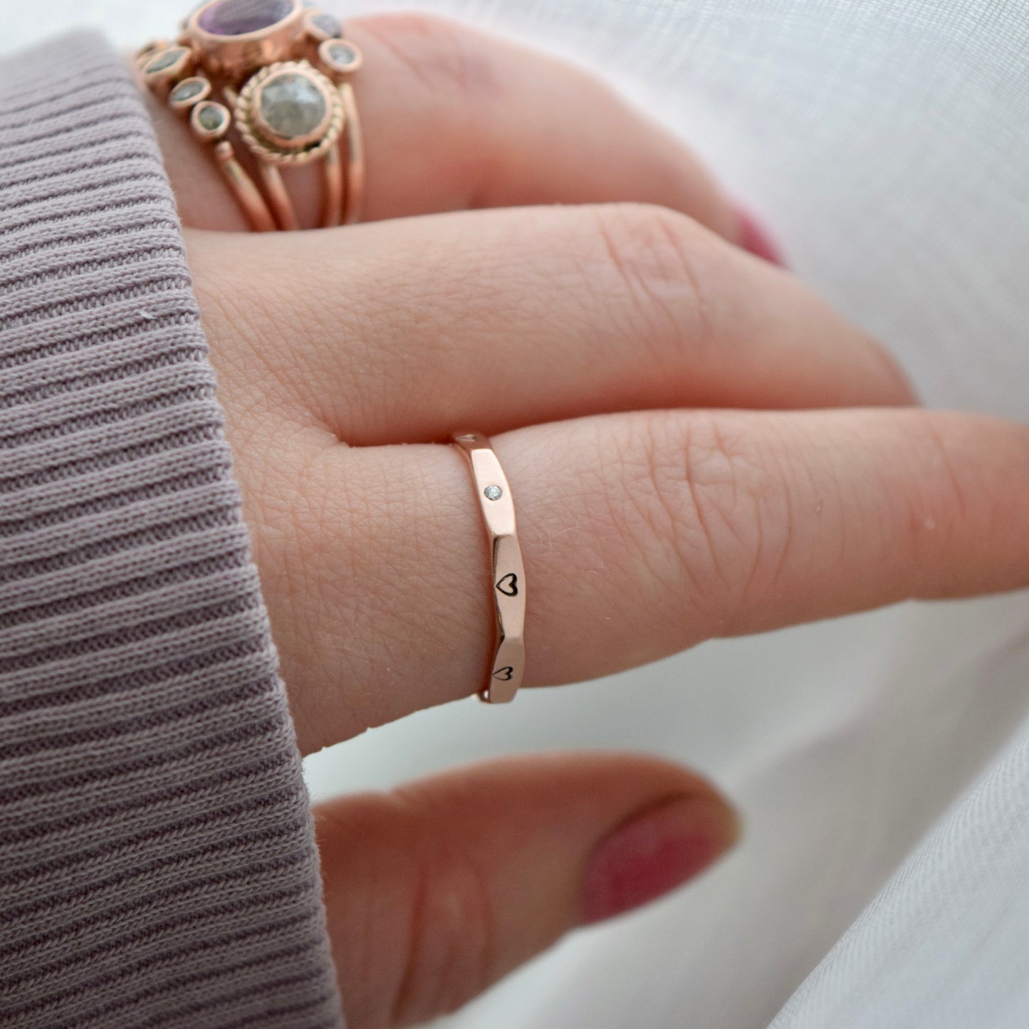 Diamond Heart Ring in 14k Solid Rose Gold size 7.5