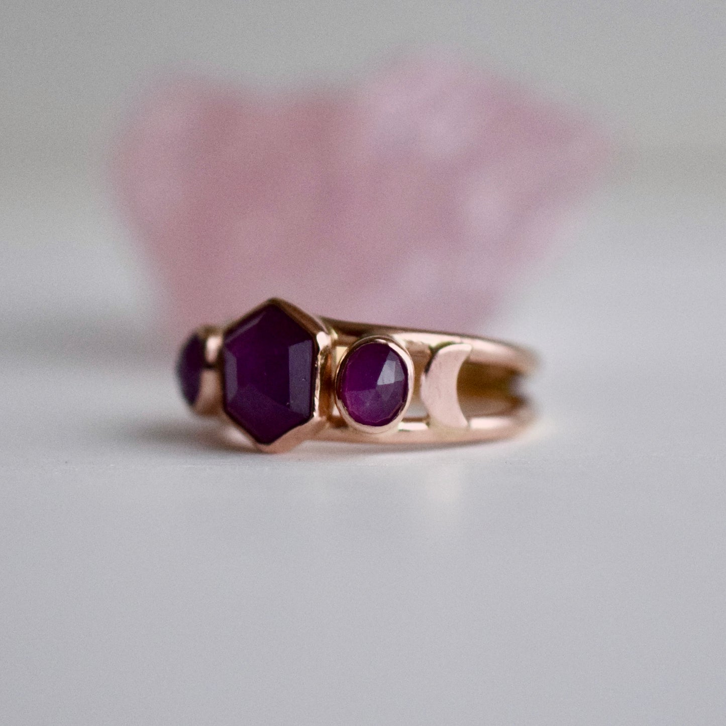 14k Solid Rose Gold Moonlight Siren Ring with rose cut Sapphires size 6