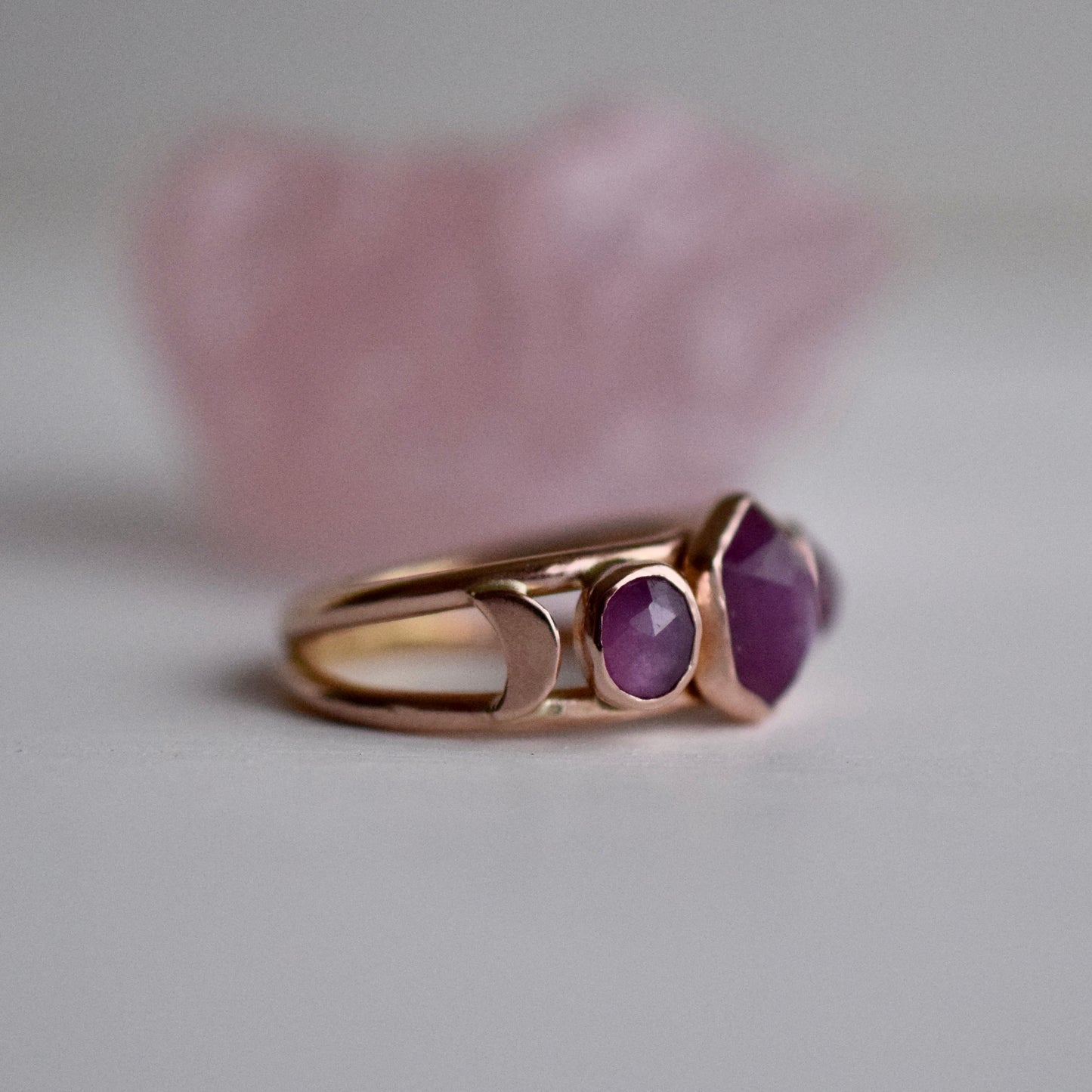 14k Solid Rose Gold Moonlight Siren Ring with rose cut Sapphires size 6