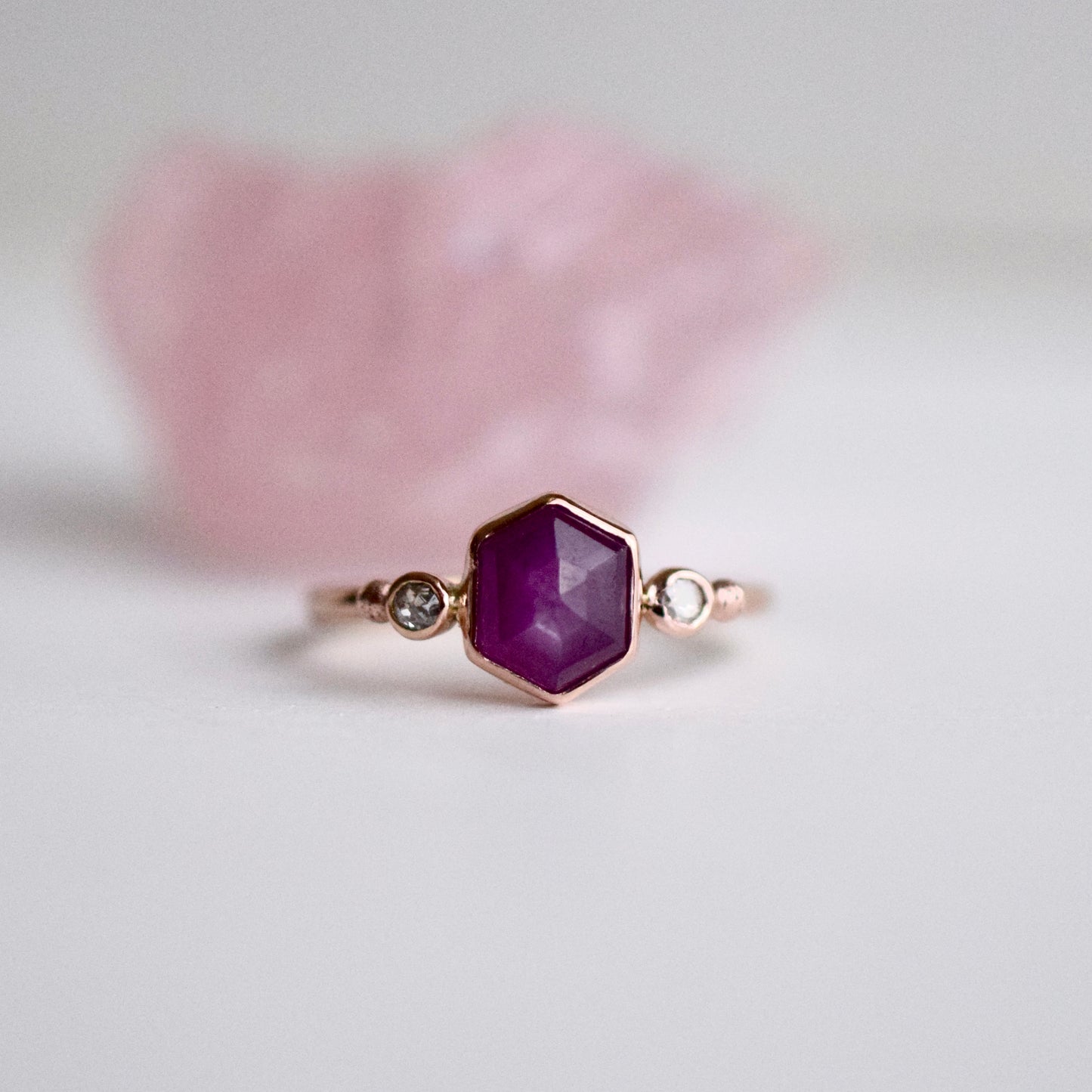 14k Solid Rose Gold Ring with rose cut Sapphire and Diamonds size 7/7.25