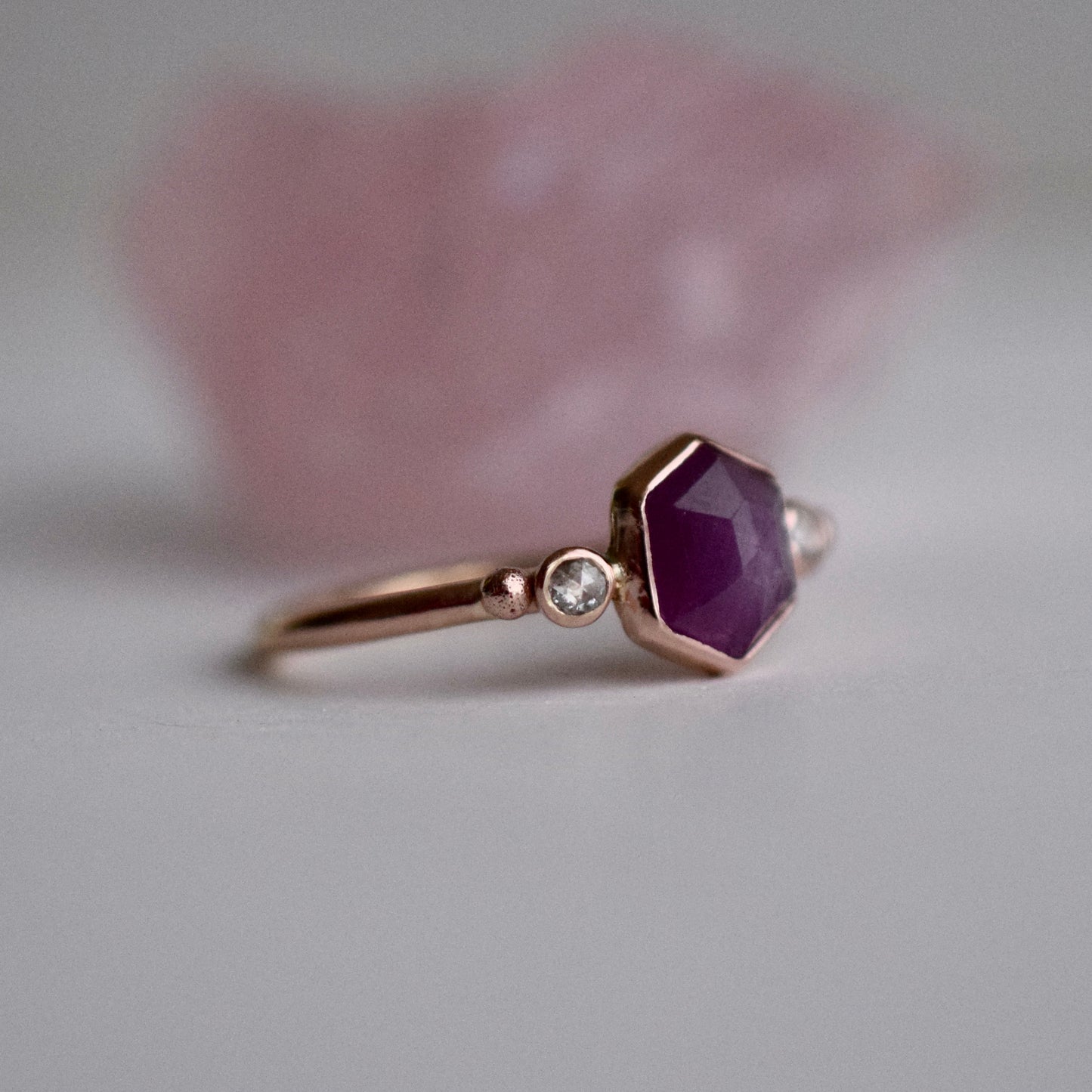 14k Solid Rose Gold Ring with rose cut Sapphire and Diamonds size 7/7.25