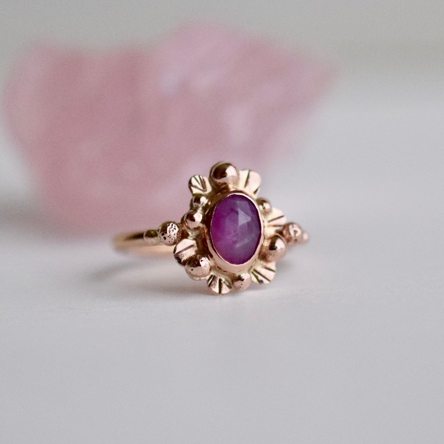 14k Solid Rose Gold Supernova Ring with rose cut Sapphire size 5