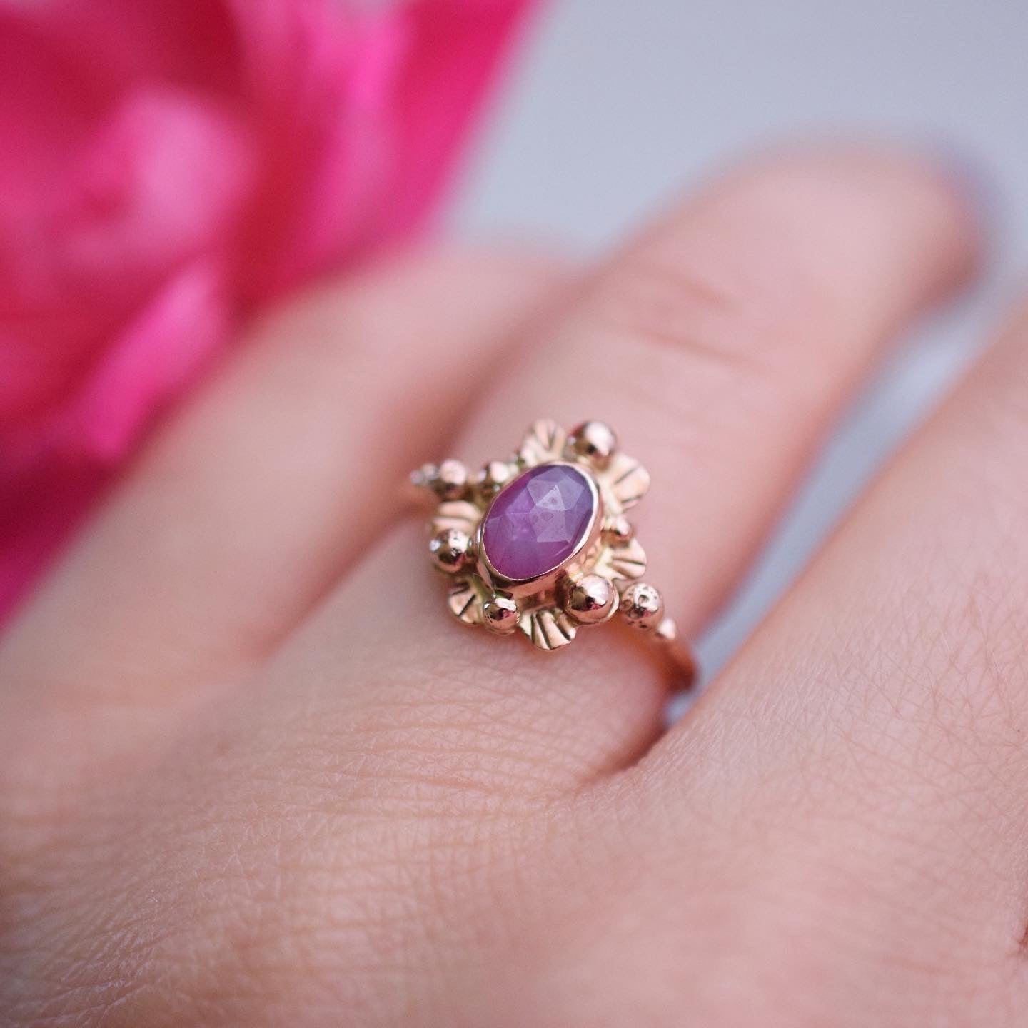 14k Solid Rose Gold Supernova Ring with rose cut Sapphire size 5