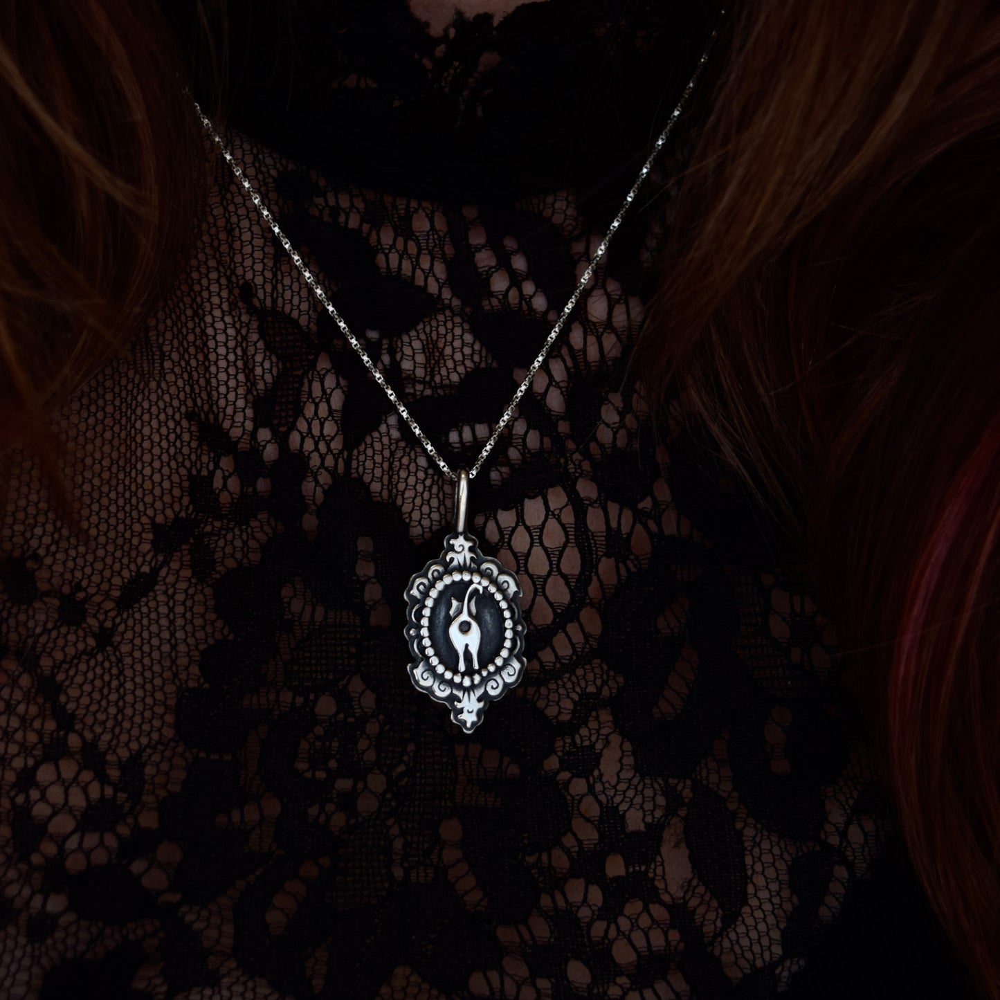 Cat Butthole Cameo Necklace with Flush Set .02c Black Diamond