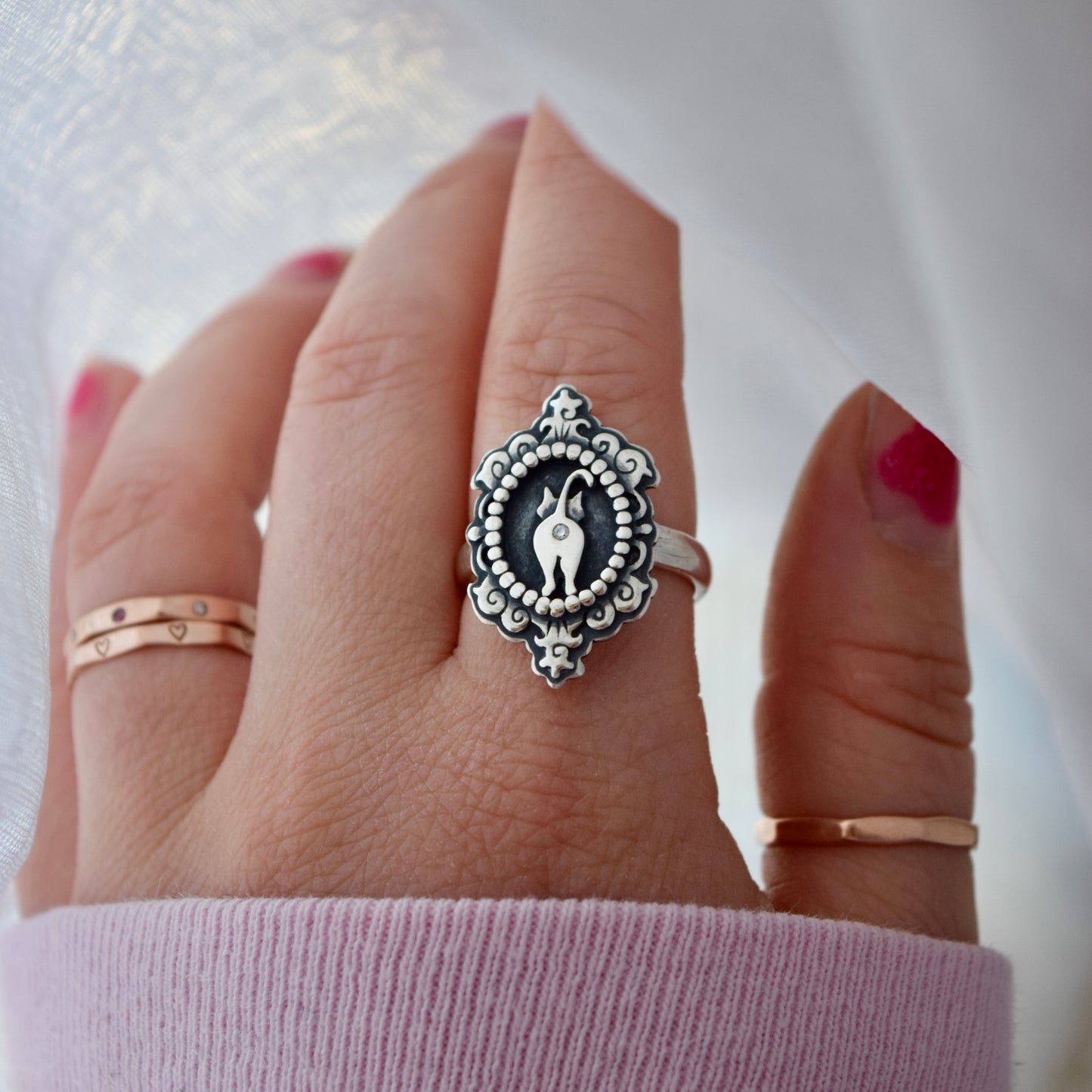 Cat Butthole Cameow Ring with Moissanite Size 8