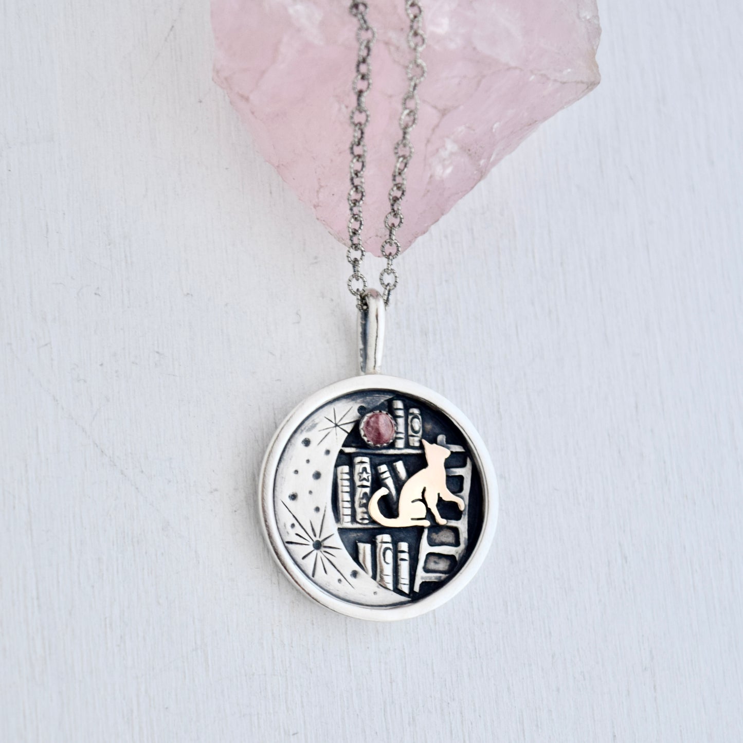 Lunar Library Necklace with Pink Tourmaline and Gold Fill