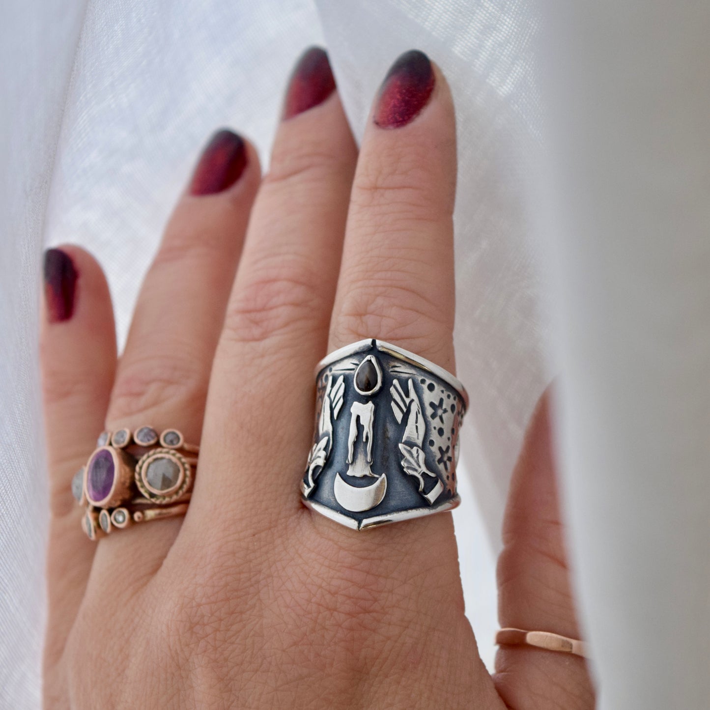 Black Flame Candle Shield Ring with Black Star Sapphire size 7.5