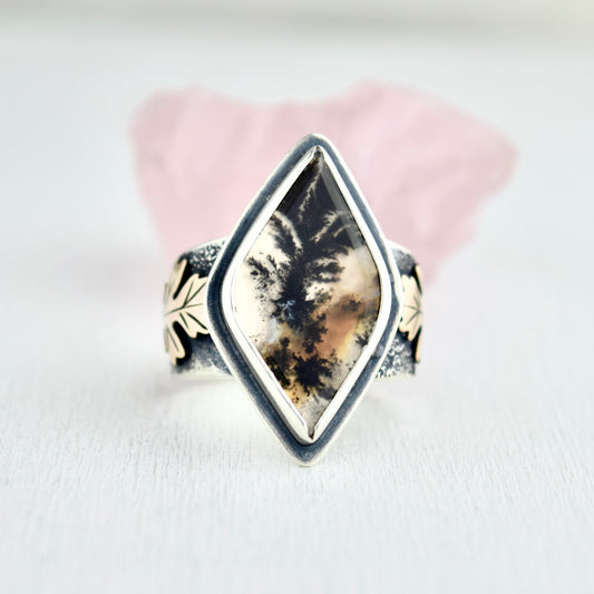 Falling Leaves Ring with Scenic Dendritic Agate and Gold Fill size 8