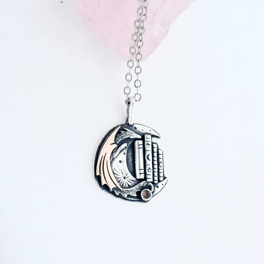 Lunar Bookshelf Necklace with Gold Fill and Smokey Quartz