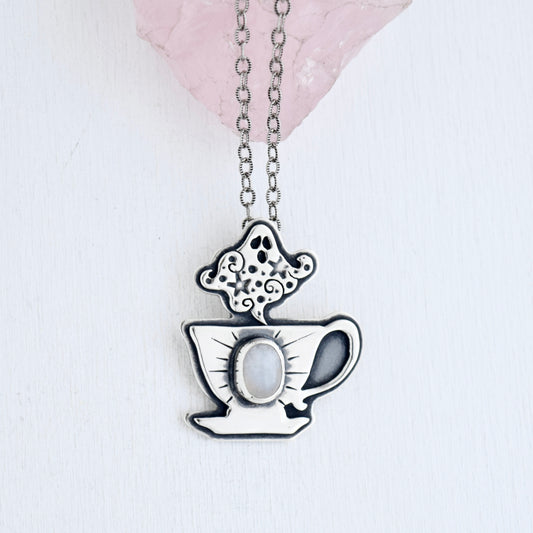 Dead Tired Cuppa Potion Pendant with Rainbow Moonstone