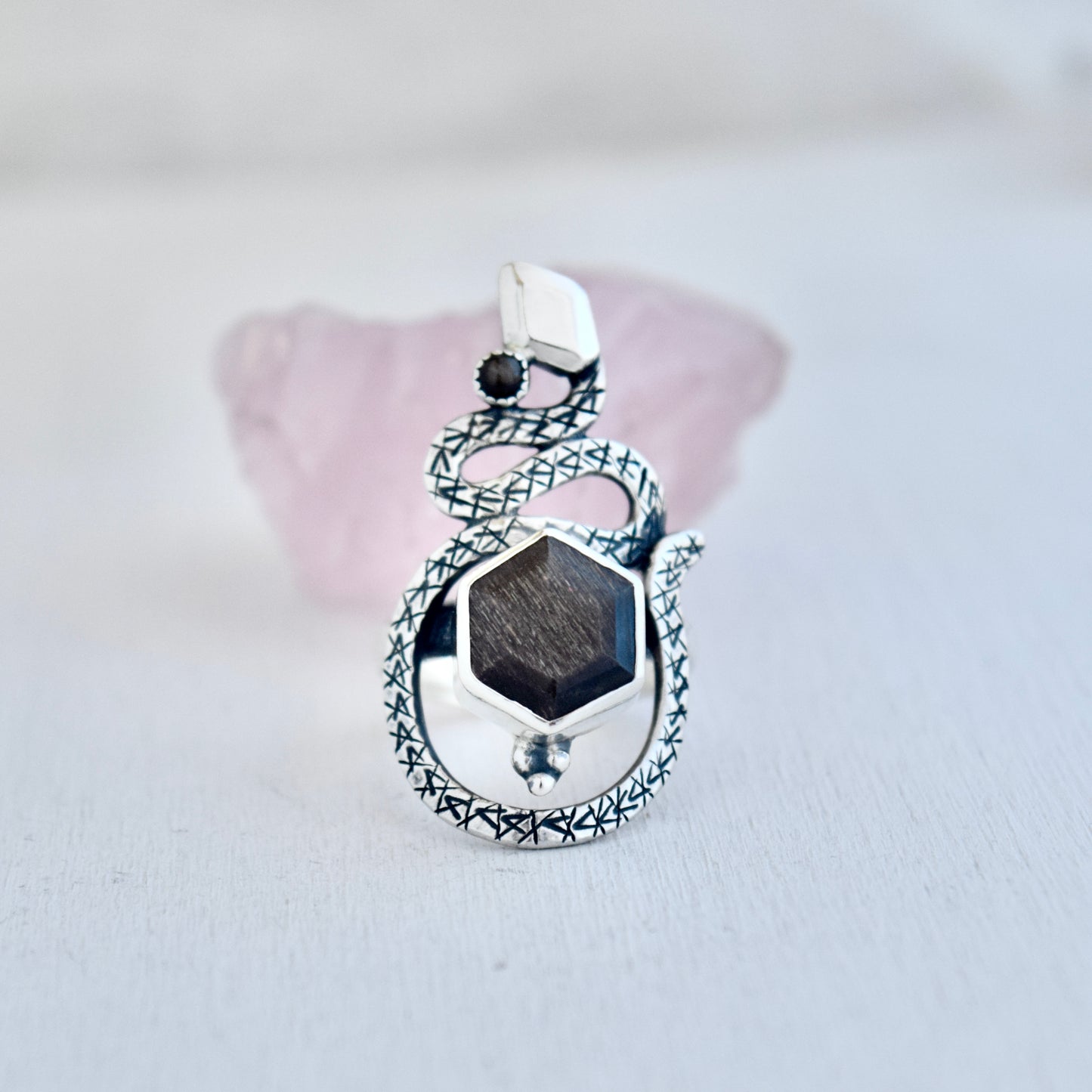 Serpent Ring with Grey Sunstone and Black Star Sapphire Size 6