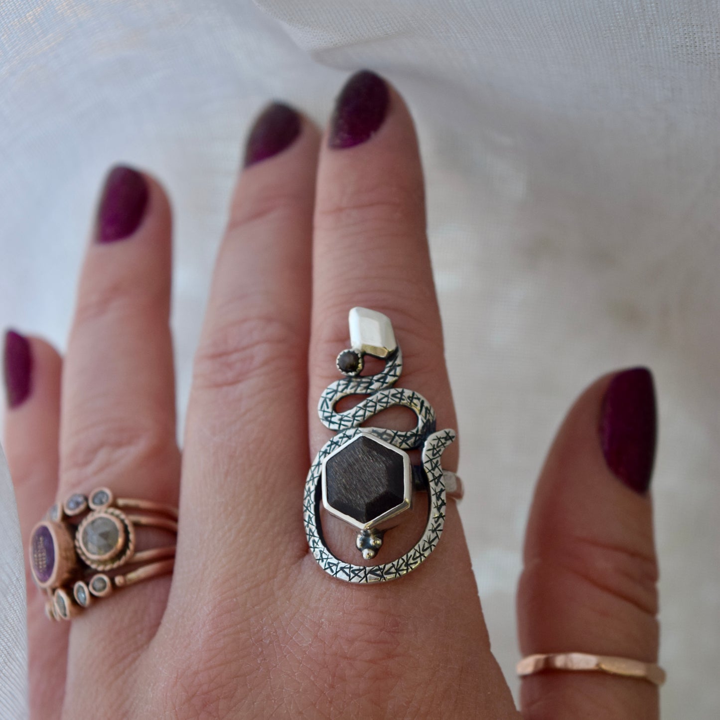 Serpent Ring with Grey Sunstone and Black Star Sapphire Size 6