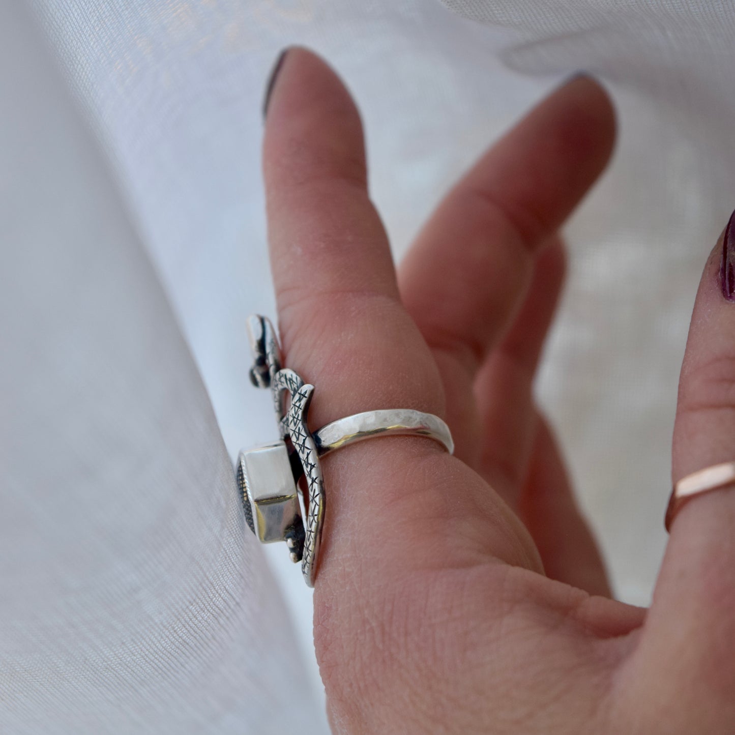 Serpent Ring with Grey Sunstone and Black Star Sapphire Size 6