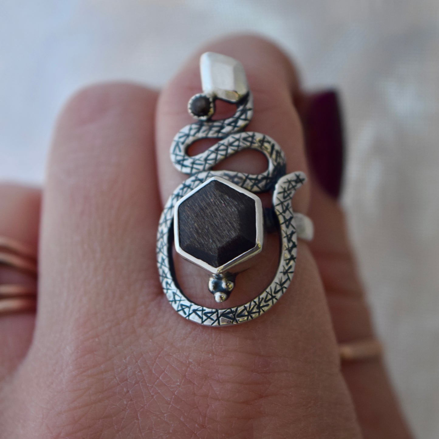 Serpent Ring with Grey Sunstone and Black Star Sapphire Size 6