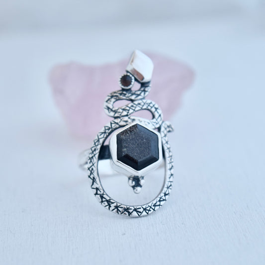 Serpent Ring with Grey Sunstone and Smokey Quartz Size 9