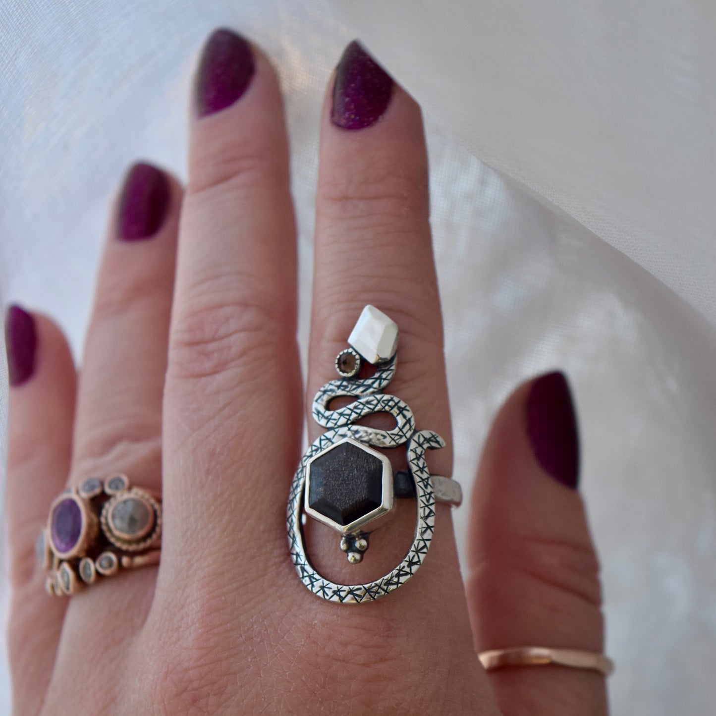 Serpent Ring with Grey Sunstone and Smokey Quartz Size 9