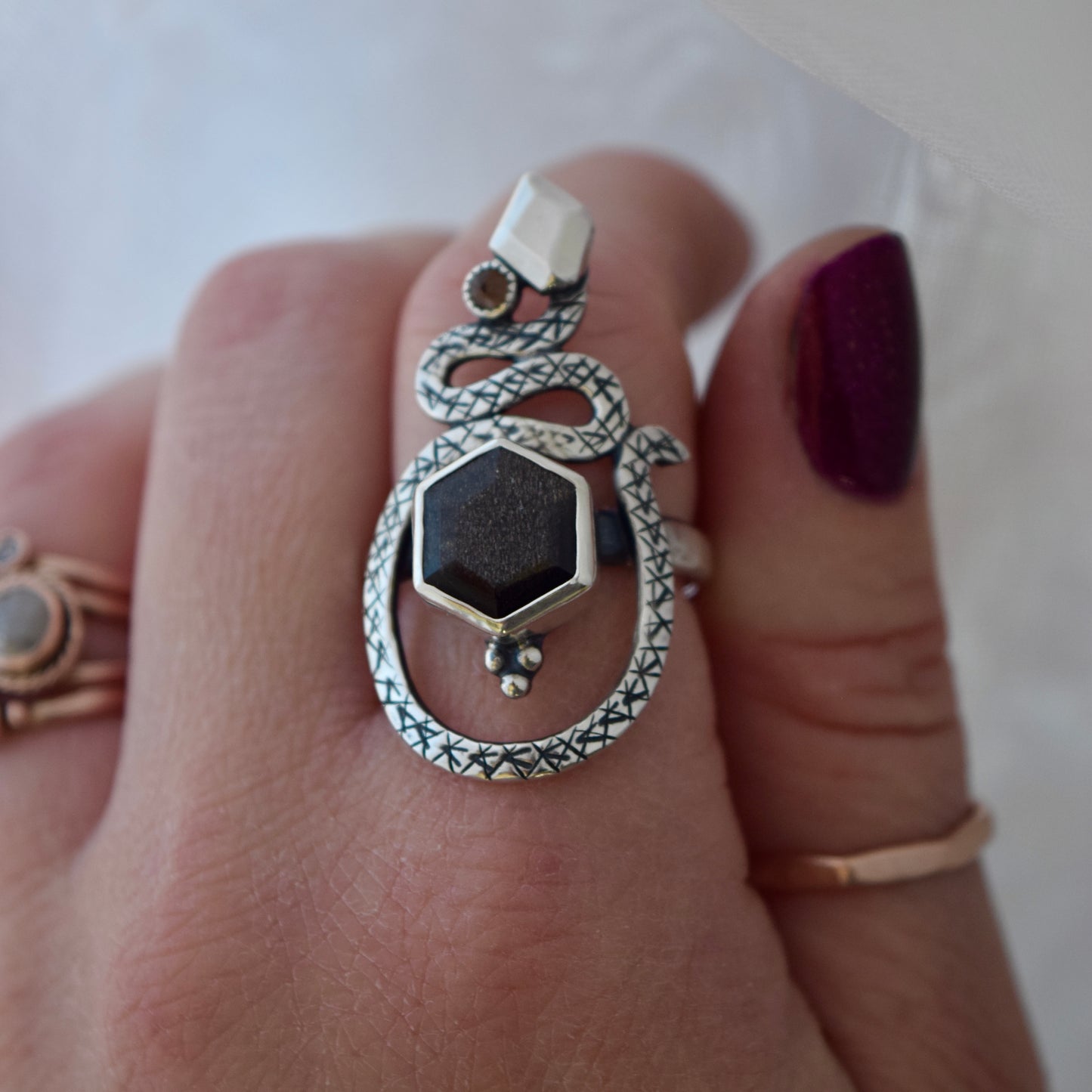 Serpent Ring with Grey Sunstone and Smokey Quartz Size 9