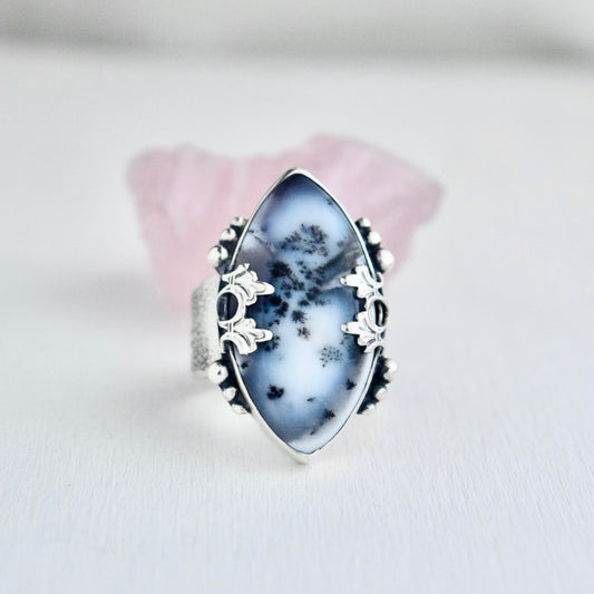 Paw Prints in the Snow Ring with Dendritic Opal size 7.5