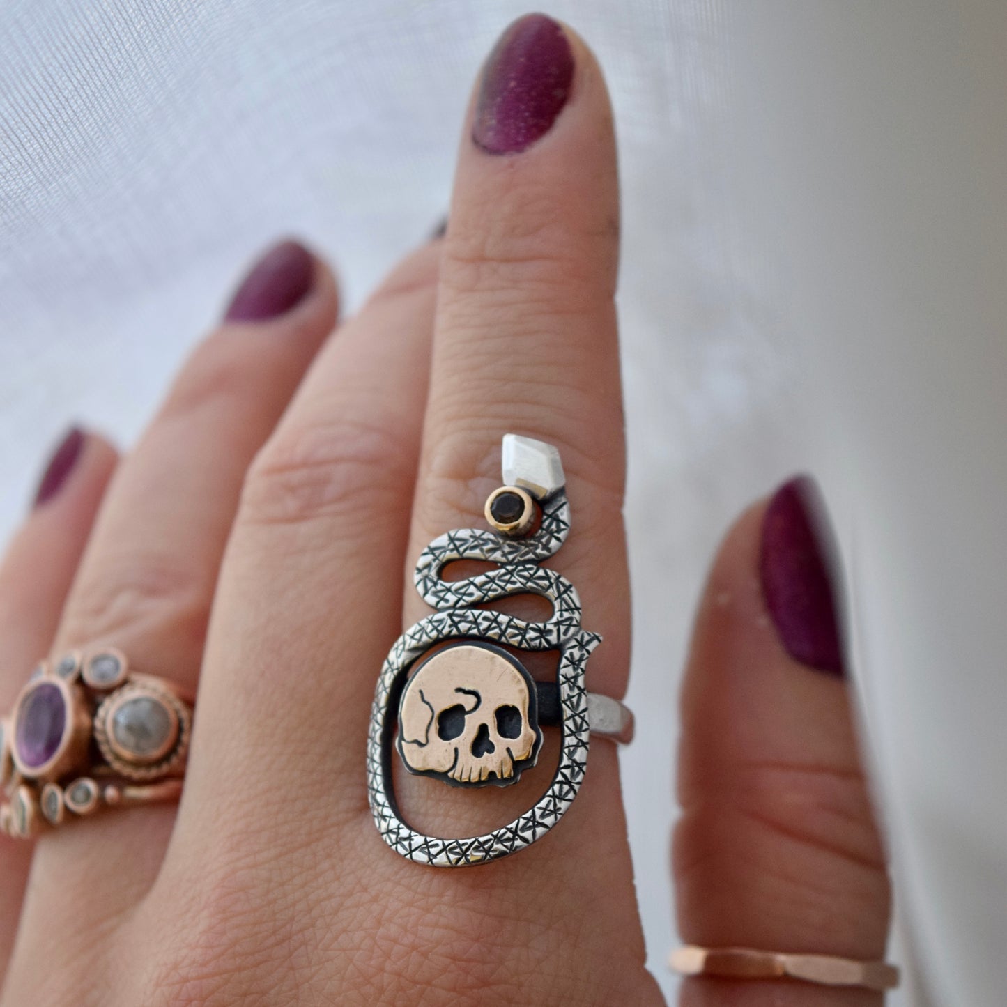 Serpent and Skull Ring with Gold Fill and Smokey Quartz Size 7