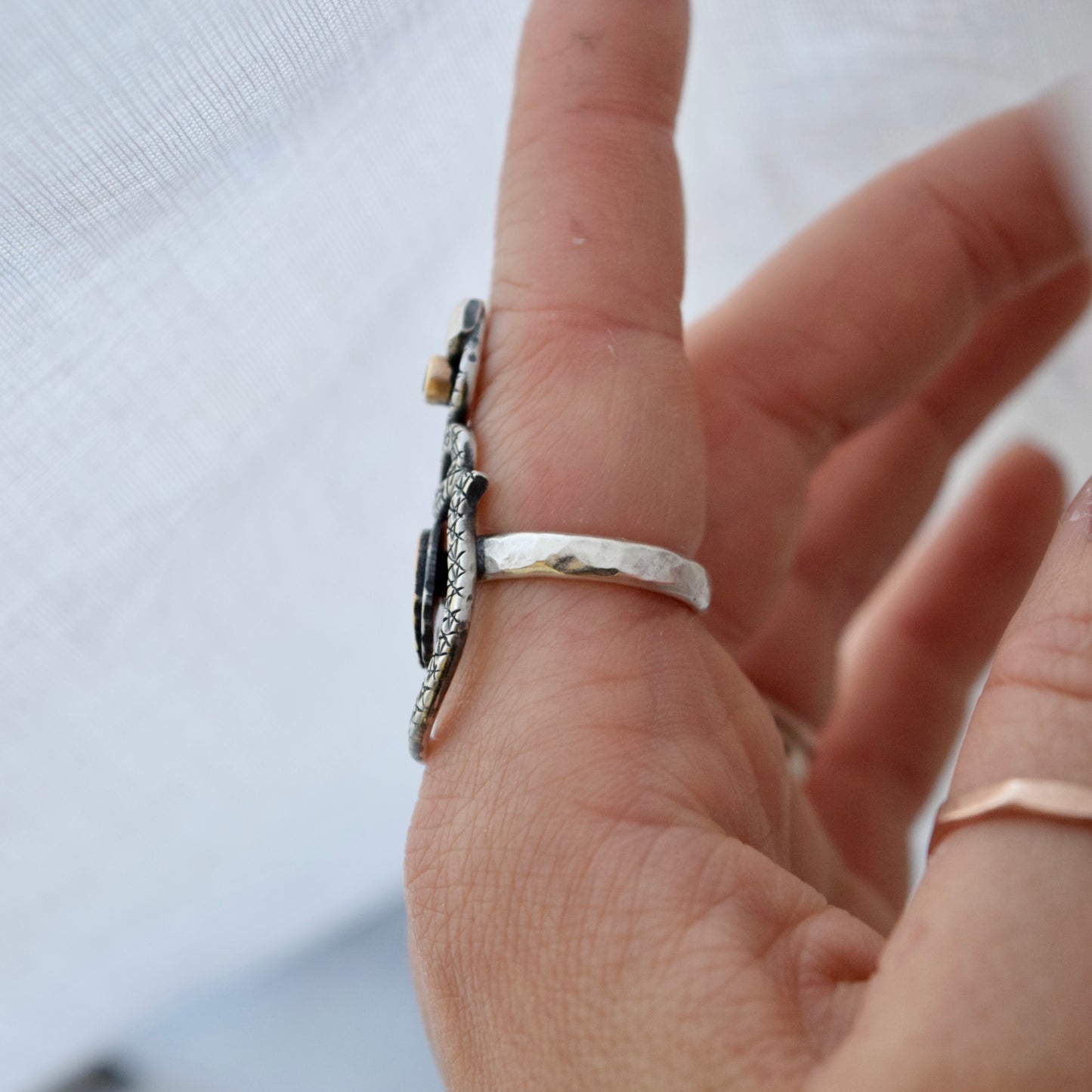 Serpent and Skull Ring with Gold Fill and Smokey Quartz Size 7