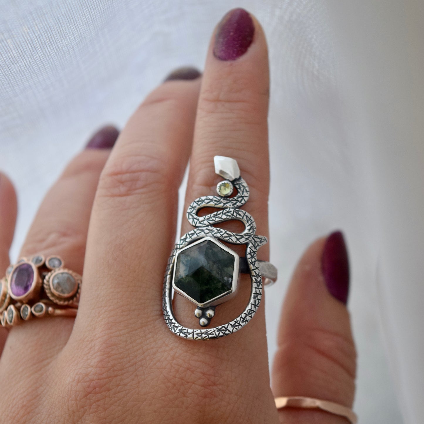 Serpent Ring with Moss Agate and Peridot size 10