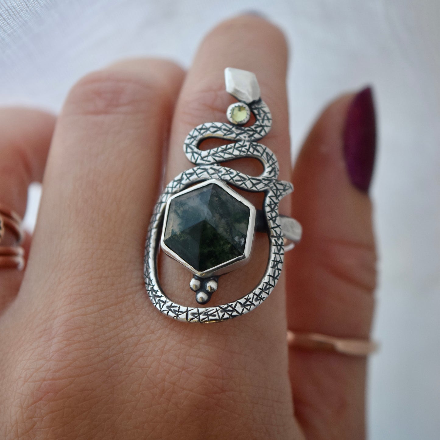 Serpent Ring with Moss Agate and Peridot size 10